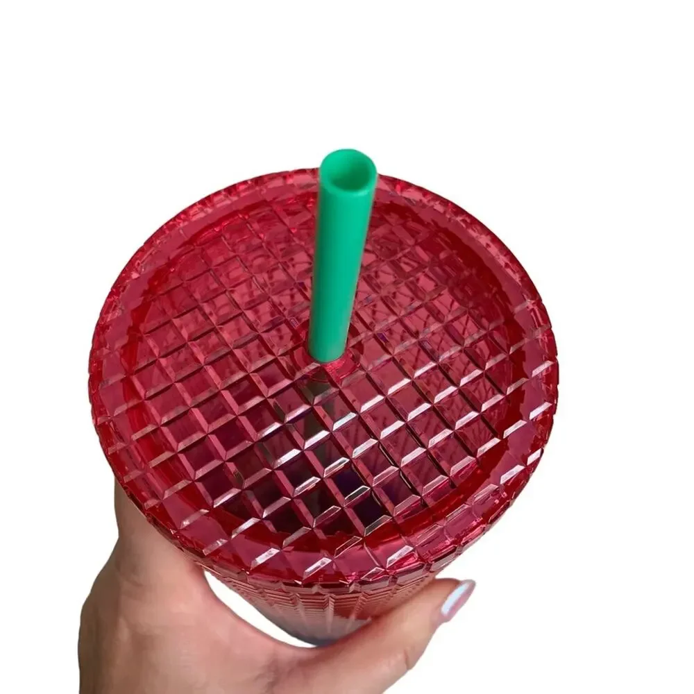 Starbucks 2002 Watermelon Purple Ombre Grid 24 oz Tumbler With Straw NWT